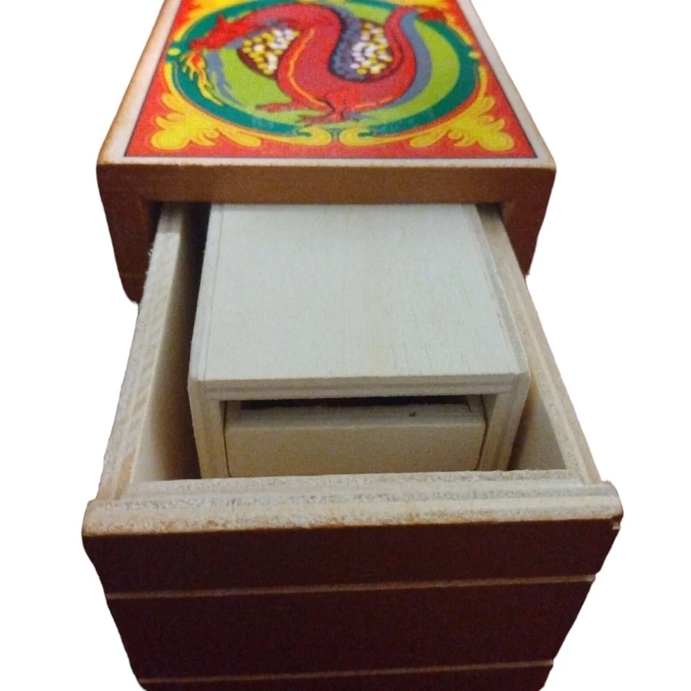 Nesting Box Mystical Dragon Vintage Wooden (5 piece) Hidden Storage 4x5 3x5 x 3